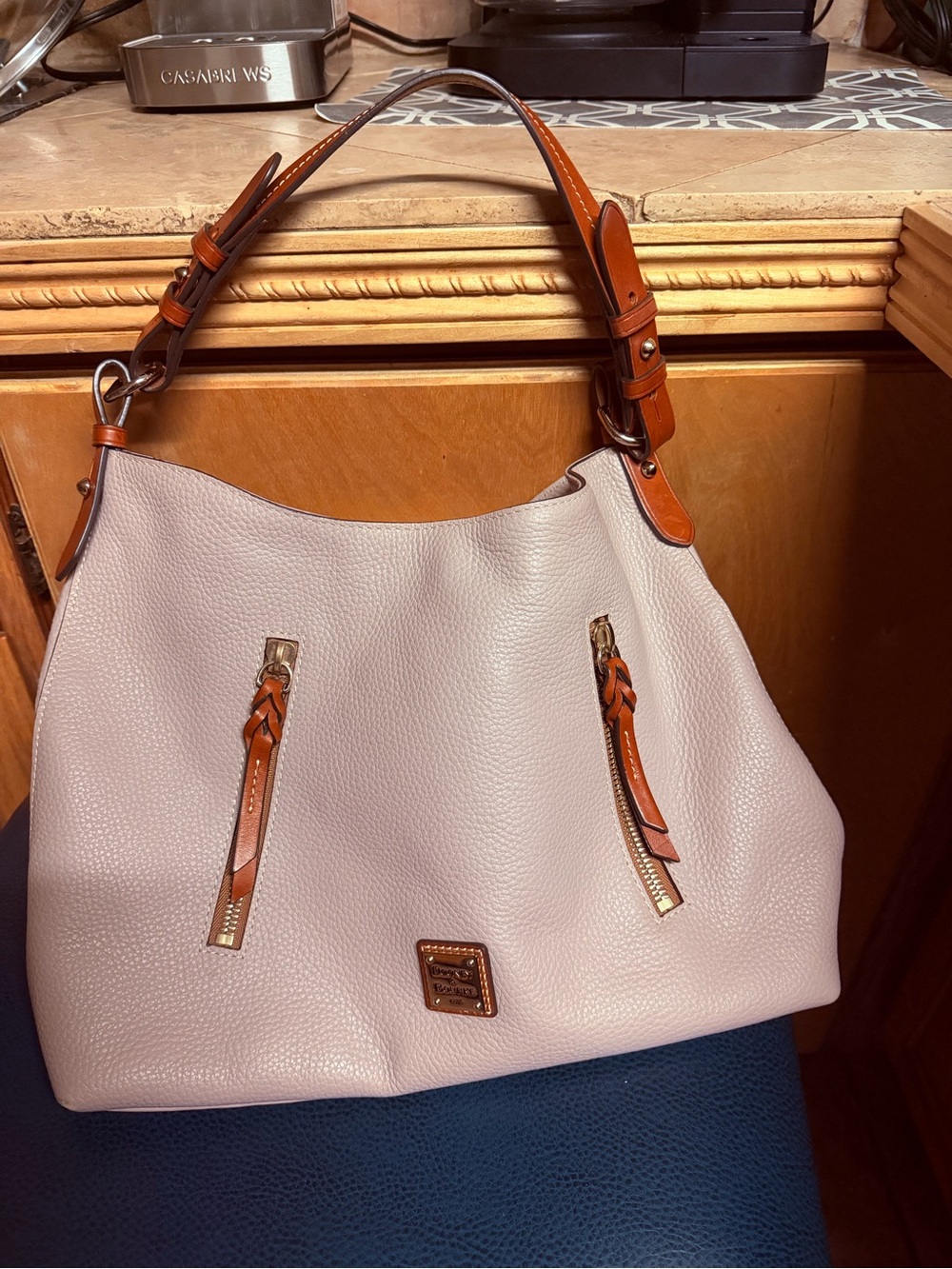 Dooney & Bourke Pebble Leather Hobo Bag in Light gray with Tan Trim